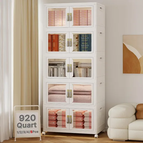 Vista 21 de Contenedor de almacenamiento apilable de 48 cuartos de galón con tapa, ruedas y puerta, organizador plegable de 12 galones para dormitorio, estudio