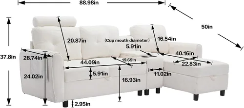 Vista 2 de Sofá seccional en forma de L, moderno sofá modular con diván de almacenamiento, sofá esquinero tapizado en forma de L con soporte para tazas