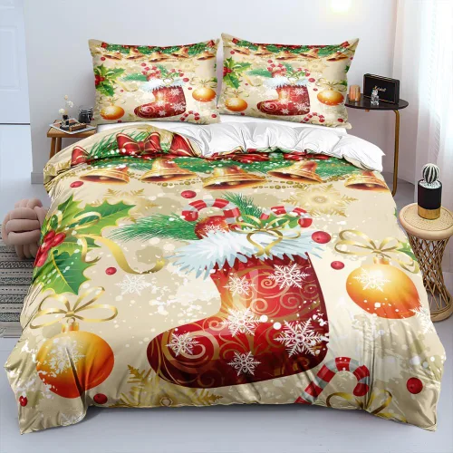 Vista 14 de Juego de funda de edredón de Navidad 3D, fundas de edredón y fundas de almohada con patrón de lazo rojo, juegos de ropa de cama de color pulido