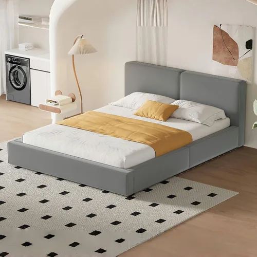 Vista 23 de Moderna cama tapizada de tamaño Queen, forro polar bereber grueso, base de colchón tapizada con cabecera copetuda y soporte de listones de madera