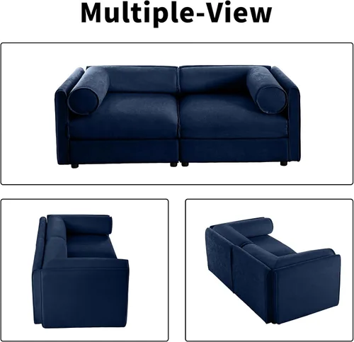 Vista 8 de Sofá biplaza azul de 75.5 pulgadas, sofás seccionales grandes de 2 plazas para sala de estar, sofá modular de tela de felpilla, juego de sofás
