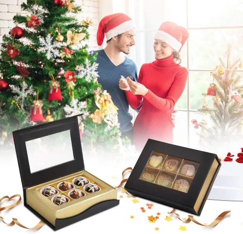 Vista 2 de Cajas de chocolate, caja de chocolate negro, mini cajas vacías con absorción magnética y divisores, cajas de embalaje para chocolates caseros, 6