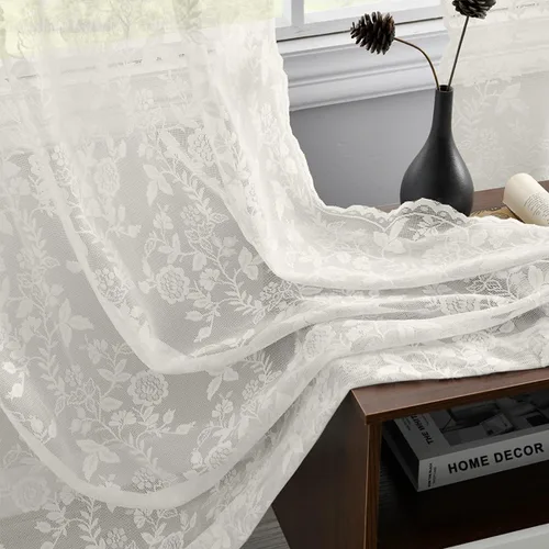 Vista 15 de FINECITY 2 paneles de cortinas de encaje beige de 36 pulgadas de largo con hojas florales rústicas, cortinas cortas y transparentes para ventana