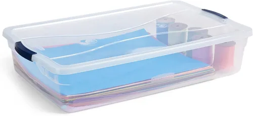 Vista 2 de Rubbermaid Cleverstore - Paquete de 4 recipientes de plástico apilables de 41 cuartos con tapas de cierre duraderas, organización visible, aula