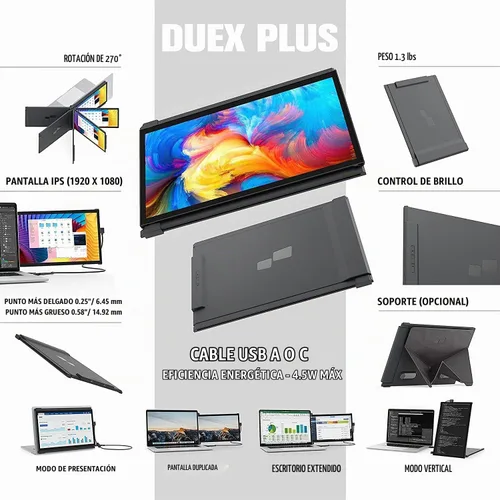Vista 4 de Mobile Pixels Duex Plus Monitor portátil para computadoras portátiles, USB C/USB A Plug and Play 13.3" Extensor de pantalla portátil Duex Plus