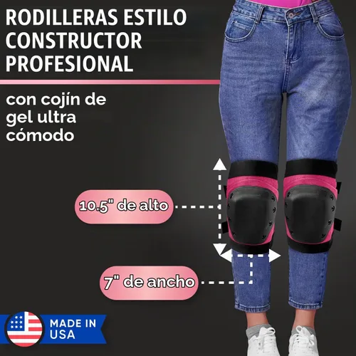 Vista 2 de PRO - Rodilleras estilo constructor para mujer con 3 niveles de protección, rosa, 1 par, tapa de plástico de soporte plano y cierres ajustables
