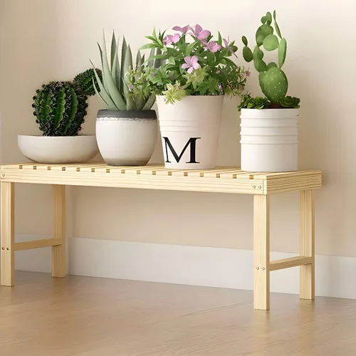 Vista 28 de Soporte rectangular para plantas de madera maciza de 1 nivel, 4 patas, flores, suculentas, rábano verde, de una sola capa, escalera de balcón Marrón