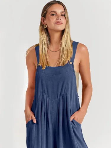 Vista 9 de ANRABESS - Overol de verano para mujer, diseño de lino informal de pierna ancha, sin mangas, con tirantes
