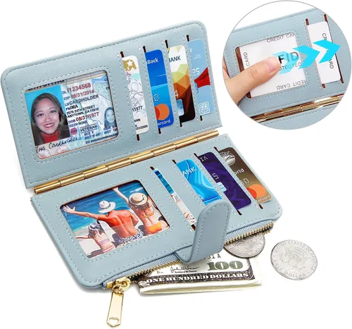 Vista 3 de Badiya Tarjetero de crédito para mujer, con bloqueo RFID, delgada, plegable, con bolsillo con cremallera y 3 ventanas para identificación
