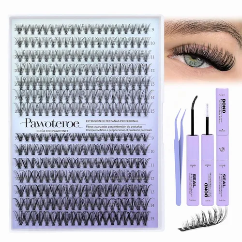 Vista 8 de Kit de Extensión de Pestañas Pawotence DIY 280 piezas, Kit de Racimos de Pestañas Individuales 20D y 30D Naturales 9-15mm, Kit de Extensiones