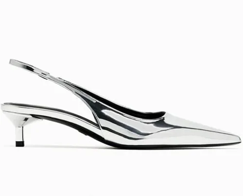 Vista 4 de KaroNairy Tacones plateados de gatito para mujer, tacones metálicos con puntera puntiaguda, punta cerrada, tacón bajo, zapatos de tacón para vestido