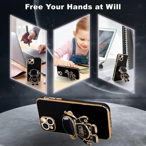 Vista 4 de Pepmune - Funda para iPhone 15 con soporte de astronauta 3D, color negro [2 Screen Protector], Luxury Electroplated Soft TPU Cover with Kickstand