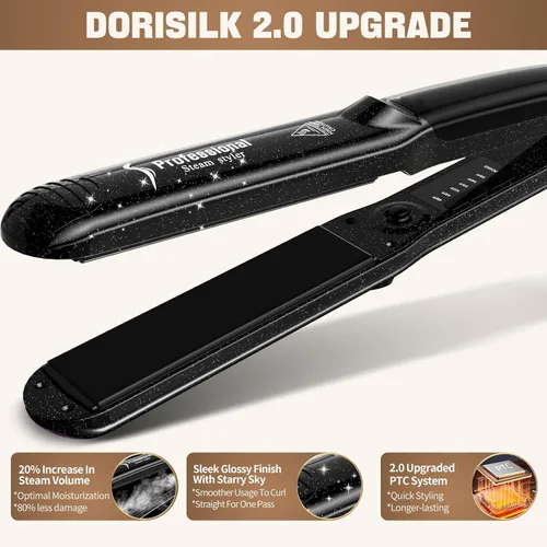 Vista 4 de DORISILK Alisadores de Vapor 2.0 Mejorados para el Cabello, Plancha Plana de Vapor de Turmalina Cerámica Profesional de Salón Alisador de Cabello