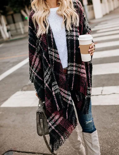 Vista 2 de Bestshe - Elegante poncho con parte delantera abierta para mujer, diseño de bloques de color, chal de punto de gran tamaño para mujer