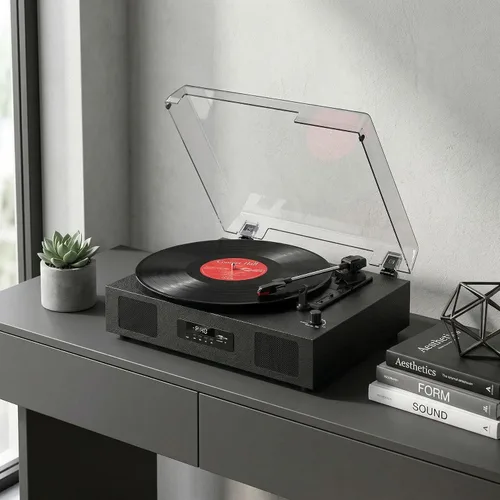 Vista 8 de Tocadiscos de vinilo Bluetooth con dos altavoces incorporados, grabación USB, transmisión por correa, 3 velocidades, tocadiscos para discos
