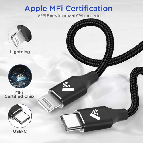 Vista 2 de Cable USB C a Lightning [certificado Apple MFi] Paquete de 2 cables de carga rápida para iPhone de 1 pie, cable de carga tipo C compatible