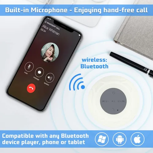 Vista 3 de Altavoz de ducha Bluetooth impermeable portátil inalámbrico resistente al agua altavoz ventosa, micrófono integrado regalos para niños, altavoz