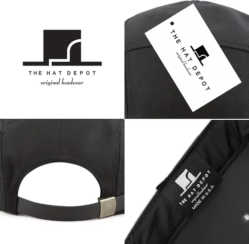 Vista 6 de The Hat Depot Hecho en Estados Unidos de sarga de algodón 5 paneles de ala plana de cuero genuino latón Biker Board Cap Negro
