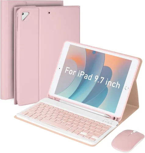 Vista 12 de SOPPY Funda con teclado Bluetooth con mouse para iPad de 6ª/5ª generación, iPad Pro de 9.7 pulgadas, Air 1/2, teclado inalámbrico desmontable