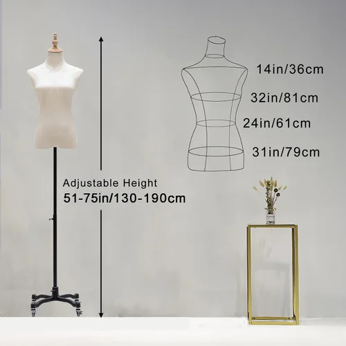 Vista 2 de Torso de maniquí femenino, 51 a 75 pulgadas de altura ajustable, maniquíes con ruedas, cuerpo de maniquí de vestido para exhibición de ropa, joyería