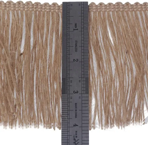 Vista 3 de Borde de arpillera con flecos de yute y borlas, 4 pulgadas de ancho, 5 yardas de largo para accesorios de ropa, vestidos de novia latinos