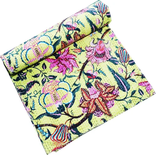 Vista 6 de Colcha Kantha de algodón puro hecho a mano con bloques indios y florales, tamaño individual/queen, colcha bohemia Kantha (verde claro, Queen)