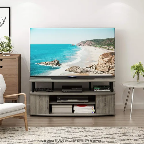 Vista 4 de Furinno Jaya - Soporte de entretenimiento grande para TV de hasta 55 pulgadas, roble francés gris/negro y mesa auxiliar de diseño simple, paquete