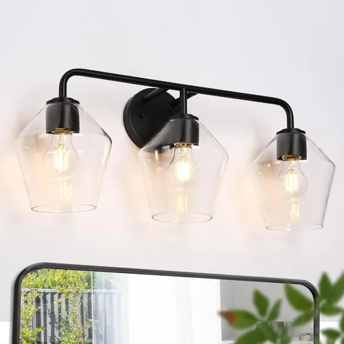 Vista 10 de KSANA Lámpara de baño negra, lámpara de tocador de 3 luces con pantalla de cristal transparente de gran apertura, moderna lámpara de pared de granja