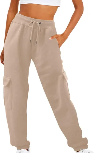 Vista 2 de Pantalones deportivos de forro polar para mujer, holgados, casuales, de cintura alta, para entrenamiento, atléticos, con parte inferior de cincha