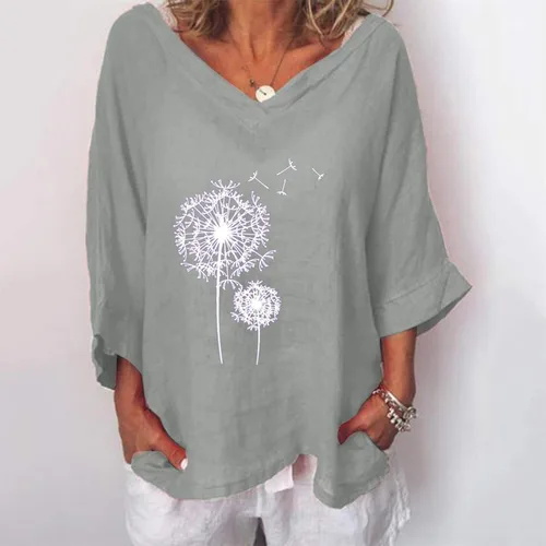 Vista 2 de Camisetas de lino y algodón para mujer, talla grande, de manga 34, ajuste holgado, con estampado de diente de león, lindas camisetas de verano