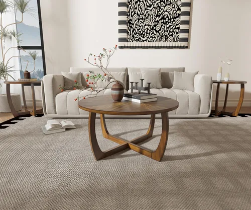 Vista 7 de Mesa de centro redonda de madera, mesas de centro de madera maciza para sala de estar, mesa de centro moderna de mediados de siglo con patas