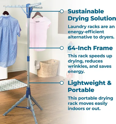 Vista 5 de Honey-Can-Do Trípode de secado de ropa de acero de 64 pulgadas plegable – Estante de ropa colapsable que ahorra espacio, soporte para secadora