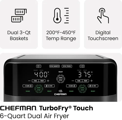 Vista 4 de Chefman Freidora de Aire de Doble Canasta de 6 Cuartos - Pantalla Táctil Digital, Smart Sync Finish, Hi-Fry, Apagado Automático, 2 Canastas de Freír