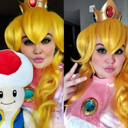 Vista 2 de COSPLAZA Cosplay Pelucas largas rizadas onduladas largo amarillo encantador pelo completo 31.5 in Yang Xiao RWBY juego de rol femenino melocotón