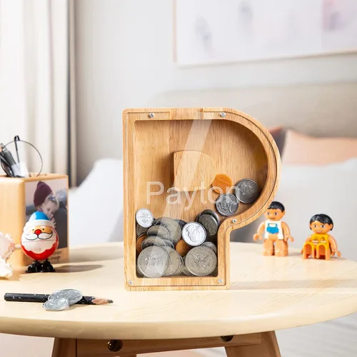 Vista 4 de Wooden Piggy Bank Personalized 26 English Alphabet Letter Coin Bank Custom Money Box Wooden Piggy Bank Gift for Kids Christmas Birthday Gift Home