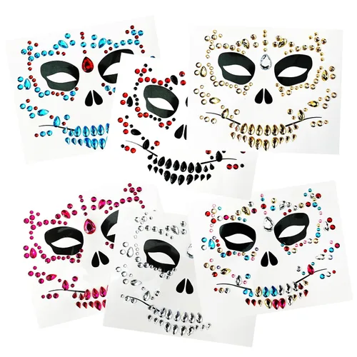 Vista 9 de Paquete de 4 gemas faciales del Día de la Muerte, tatuajes faciales temporales de Halloween, calcomanías de diamantes de imitación para la cara