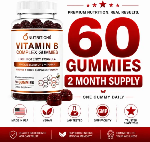 Vista 4 de O NUTRITIONS Gomitas veganas de complejo de vitamina B con vitamina B12, B7 como biotina, B6, B3 como niacina, B5, B6, B8, B9 como folato