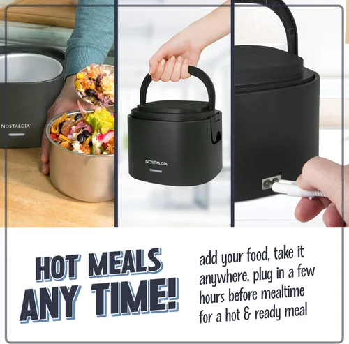 Vista 5 de Nostalgia Fiambrera portátil calentada – Calentador de alimentos de acero inoxidable de 2.5 tazas – Cable desmontable, tapa a prueba de fugas, asa