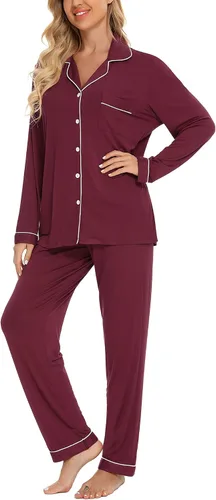 Vista 3 de Anjue Pijamas para mujer, conjunto de pijama suave con botones, camisa de manga larga y pantalones de pijama, conjuntos de descanso S-XXL