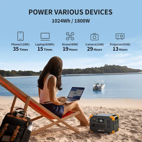 Vista 3 de pecron Estación de energía portátil E1000LFP, batería de reserva LiFePO4 de 1024 Wh/1800 W, generador solar expandible a 4096 Wh, estación