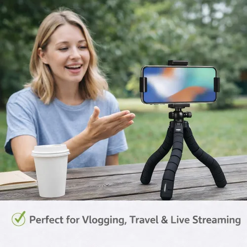 Vista 5 de Acuvar Trípode para teléfono celular con control remoto, soporte flexible de 10 pulgadas, soporte para teléfono y adaptador GoPro, trípode de viaje
