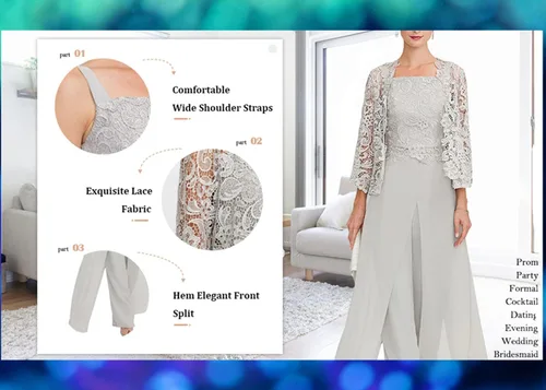 Vista 5 de Traje de pantalón de 3 piezas para mujer, vestido de madre de la novia 2023, traje de pantalón para boda, vestidos semiformales, manga 34, cuello