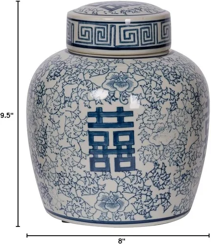 Vista 6 de Jarrón con tapa de porcelana 100 % azul y blanco oriental de 8 x 9.5 pulgadas con patrón floral para almacenamiento en el hogar y organización