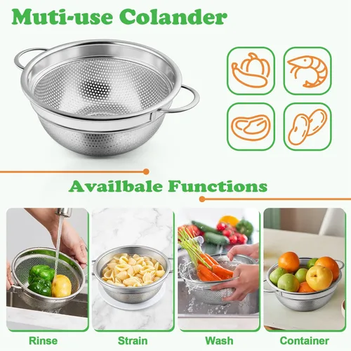 Vista 6 de P&P CHEF Colador de acero inoxidable de 3 cuartos de galón, colador de metal microperforado para alimentos de cocina, ideal para enjuagar, lavar