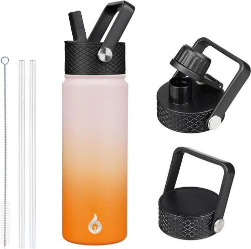Vista 77 de BJPKPK Botellas de Agua Aisladas con Tapa de Pajita, Botella de Agua de Acero Inoxidable de 18oz, Termo Frío Caliente con 3 Tapas, Vaso de Viaje a