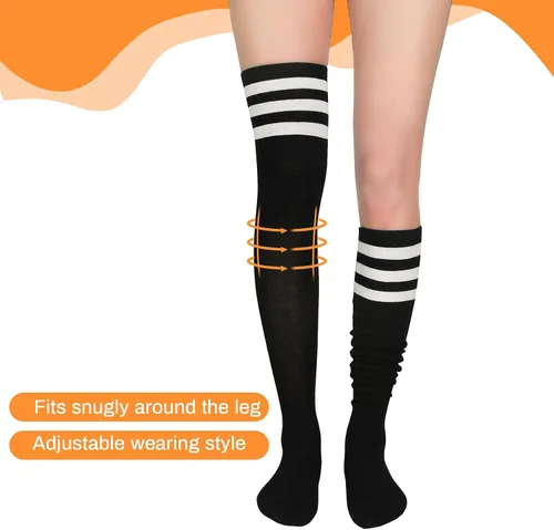 Vista 5 de Durio Calcetines altos hasta el muslo para mujer, calcetines a rayas por encima de la rodilla, calcetines largos para mujer, calcetines hasta