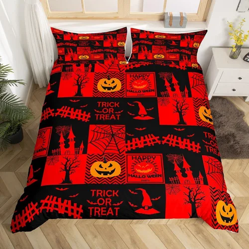 Vista 19 de Funda de edredón con diseño de murciélago, juego de ropa de cama de murciélago negro y naranja, funda de edredón temática de Halloween