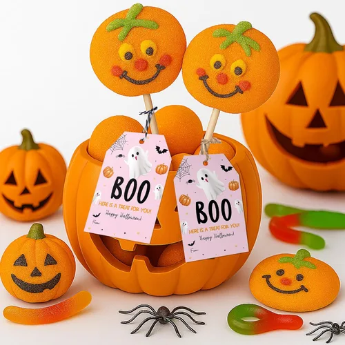 Vista 6 de jijAcraft Etiquetas de Halloween con cuerda, 50 etiquetas de regalo de papel de feliz Halloween, 3.3 x 2.1 pulgadas, diseño de fantasma rosa, un