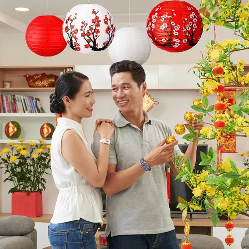 Vista 7 de 13 faroles de papel chinos japoneses con flor de cerezo rojo, farol colgante decorativo Hibachi, decoraciones de fiesta para Año Nuevo chino, hogar