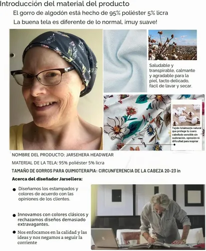 Vista 4 de JarseHera Gorro holgado de mujer con encaje de algodón, gorros para quimioterapia, gorros para el cáncer, turbante